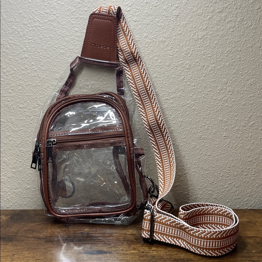 Mroede Stadium Approved Clear Sling Bag Brown Trim Adjustable Strap